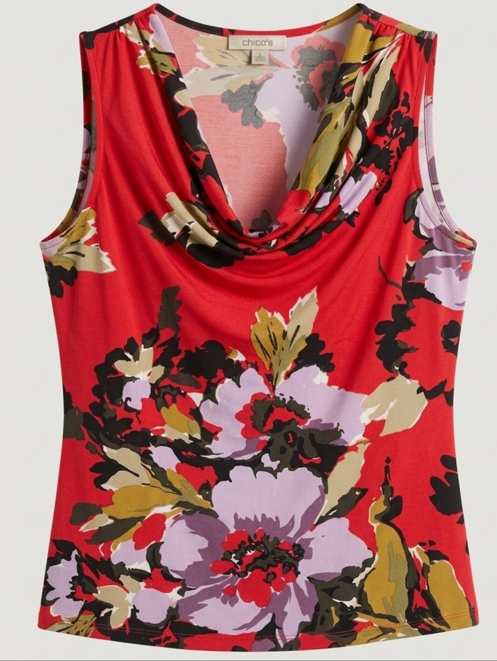 Cleo Made In Canada Vibrant Red Floral Cowl Neck Sleeveless Summer Top Size L